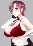  1girl bangs bare_shoulders bazett_fraga_mcremitz black_jacket bra breasts cleavage collarbone collared_shirt dress_shirt fate/hollow_ataraxia fate_(series) highres jacket lace-trimmed_bra lace_trim large_breasts long_sleeves looking_at_viewer mattari_yufi off_shoulder parted_bangs red_bra red_eyes red_hair shirt short_hair underwear white_shirt 