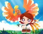 1girl bangs bird blue_sky blurry blurry_foreground brown_shirt chibi cloud commentary_request day depth_of_field eyebrows_visible_through_hair flower grass hand_up ho-oh jacket kiduta_cielo looking_at_viewer outdoors pants parted_bangs pokemon pokemon_(game) pokemon_masters_ex purple_eyes red_eyes red_hair red_pants shirt silver_(pokemon) sky sparkle standing v-shaped_eyebrows white_flower white_jacket 