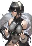  1girl absurdres adapted_costume ahoge arknights arm_strap armpit_crease bangs bare_shoulders between_breasts black_coat black_collar black_hair blue_eyes blurry blurry_foreground blush breasts chinese_commentary coat collar commentary_request covered_navel covered_nipples cowboy_shot crossed_bangs dawalixi eyebrows_visible_through_hair feather_hair fur-trimmed_coat fur-trimmed_sleeves fur_trim grey_leotard groin hair_between_eyes hair_intakes hair_over_one_eye hairband hands_up heavy_breathing highres la_pluma_(arknights) leash leotard long_sleeves looking_at_viewer looking_to_the_side medium_breasts nipple_piercing nipple_rings nose_blush off_shoulder one_eye_covered open_clothes open_coat parted_lips piercing see-through short_hair sideways_glance simple_background solo standing sweat viewer_holding_leash white_background white_hairband 