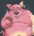  anthro belly black_hair blush bodily_fluids chubby_cheeks domestic_pig eyewear fingers glasses hair hi_res hooved_fingers hooves human human_to_anthro japanese_text love_handles male mammal matatabi88 moobs navel nude obese obese_anthro obese_male open_mouth overweight overweight_anthro overweight_male solo species_transformation stubble suid suina sus_(pig) sweat sweatdrop teeth text tiri_mama tongue transformation translation_request 