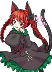  1girl animal_ears black_bow bow braid breasts cat_ears cat_tail cowboy_shot dress frilled_dress frills green_dress hair_bow kaenbyou_rin large_breasts long_hair long_sleeves looking_at_viewer mio1030 multiple_tails nekomata red_eyes red_hair solo tail touhou twin_braids two_tails white_background 