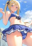  1girl alexmaster bangs bare_shoulders bikini bird blonde_hair blue_bikini blue_eyes blue_sky blush breasts collarbone dead_or_alive dead_or_alive_5 long_hair looking_at_viewer marie_rose open_mouth polka_dot polka_dot_bikini seagull sky small_breasts solo swimsuit thighs twintails 