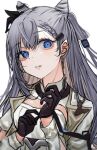  1girl bangs black_gloves blue_eyes braid day_(user_aasx8552) eyebrows_visible_through_hair glove_pull gloves grey_hair hair_cones highres hololive hololive_indonesia long_hair looking_at_viewer parted_lips simple_background solo vestia_zeta virtual_youtuber white_background 