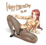  1girl bangs belt belt_buckle black_footwear black_panties breasts brown_hair buckle buttons coat collarbone collared_coat commentary_request english_text fingernails full_body grey_legwear hair_ornament happy_birthday high_heels idolmaster k52 korean_commentary leaning_back long_hair long_sleeves looking_at_viewer panties pantyhose parted_bangs parted_lips shoes sidelocks simple_background solo spread_legs underwear white_background yellow_coat yellow_eyes zaizen_tokiko 