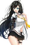  1girl absurdres ahoge black_hair blue_eyes breasts choker cleavage closers elze_(s01047480836) hair_ornament hairclip highres large_breasts long_hair navel necktie pleated_skirt short_sleeves skirt solo thigh_strap very_long_hair yuri_seo 