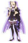  alternate_costume black_dress black_footwear black_ribbon blonde_hair boots commentary dress english_commentary enosst eyepatch fischl_(genshin_impact) full_body genshin_impact green_eyes hair_ribbon hand_on_hip highres juliet_sleeves long_hair long_sleeves puffy_sleeves purple_nails ribbon smile thigh_boots thighhighs two_side_up wide_sleeves 