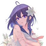  1girl ai_dongdong alternate_eye_color bangs bare_shoulders eyebrows_visible_through_hair floral_background flower hair_between_eyes hair_flower hair_ornament honkai_(series) honkai_impact_3rd lily_(flower) looking_at_viewer multicolored_hair neckerchief open_mouth purple_eyes rose sailor_collar seele_vollerei short_hair signature sleeveless solo two-tone_hair white_flower white_rose 