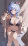  1girl absurdres ahoge bare_shoulders bikini black_bikini blue_hair breasts cleavage closed_mouth collarbone ganyu_(genshin_impact) genshin_impact goat_horns hands_up highres horns large_breasts long_hair navel off_shoulder open_hands purple_eyes sidelocks sitting smile solo starblue stomach sweater swimsuit thigh_gap thighs 