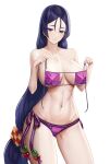  1girl absurdres ass_visible_through_thighs bikini bikini_top_removed black_hair blue_eyes breasts closed_mouth collarbone cowboy_shot cryturtle fate/grand_order fate_(series) hair_ornament hands_up highres holding holding_clothes holding_swimsuit large_breasts long_hair looking_at_viewer low-tied_long_hair minamoto_no_raikou_(fate) minamoto_no_raikou_(swimsuit_lancer)_(fate) navel official_alternate_costume purple_bikini purple_hair side-tie_bikini simple_background smile solo stomach swimsuit thighs white_background 
