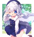  1girl ;o bangs beret blue_eyes blue_headwear blue_skirt blue_vest blush brown_footwear collarbone commentary_request covering covering_crotch day eyebrows_visible_through_hair gochuumon_wa_usagi_desu_ka? grey_hair hair_between_eyes hair_ornament hand_up haru_ichigo hat highres kafuu_chino kafuu_chino&#039;s_school_uniform long_hair long_sleeves looking_at_viewer one_eye_closed open_mouth school_uniform shirt shoes signature skirt skirt_set solo very_long_hair vest white_legwear white_shirt x_hair_ornament 