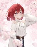  1girl ange_katrina bangs blue_eyes blurry blurry_background cherry_blossoms clenched_teeth floating_hair hair_between_eyes halter_top halterneck hand_on_own_cheek hand_on_own_face hand_up haruwo highres looking_at_viewer nijisanji red_hair short_hair smile solo teeth virtual_youtuber 