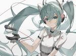  1girl absurdres aqua_eyes aqua_hair black_gloves butterfly_wings chest_harness commentary cross cross_hair_ornament gloves hair_ornament harness hatsune_miku headphones highres karasuro long_hair looking_at_viewer microphone microphone_cord parted_lips project_sekai short_sleeves solo twintails upper_body very_long_hair vocaloid wings 