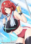 1girl adapted_costume bangs breasts chest_jewel gem headpiece hellandheaven highres large_breasts navel pyra_(xenoblade) red_eyes red_hair short_hair solo sportswear swept_bangs tiara xenoblade_chronicles_(series) xenoblade_chronicles_2 