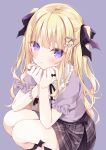  1girl bangs black_bow blonde_hair blush bow closed_mouth commentary_request eyebrows_visible_through_hair feet_out_of_frame grey_skirt hair_bow hair_ornament hands_up heart heart_hair_ornament highres hoshi_(snacherubi) knees_up long_hair looking_at_viewer own_hands_together plaid plaid_skirt pleated_skirt puffy_short_sleeves puffy_sleeves purple_background purple_eyes purple_shirt re:act shirt short_sleeves simple_background skirt solo squatting tsukushi_aria two_side_up very_long_hair virtual_youtuber 