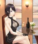  1girl absurdres anchor_earrings ark_royal_(azur_lane) ark_royal_(guardian_of_the_ball)_(azur_lane) azur_lane bare_shoulders black_dress black_gloves black_hair blue_eyes bottle bouquet bracelet breasts chair cleavage cocktail_dress collarbone crossed_legs dress earrings english_commentary gloves hair_over_one_eye half_gloves halter_dress halterneck highres indoors jewelry large_breasts looking_at_viewer short_dress short_hair sitting sleeveless sleeveless_dress solo table tofi window 