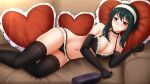  1girl :t black_bra black_choker black_gloves black_hair black_legwear black_panties blush bottle bra breasts choker couch cushion elbow_gloves feet_out_of_frame frilled_bra frilled_panties frills full-face_blush gloves hairband heart heart_pillow highres holding holding_bottle kazenokaze large_breasts lingerie looking_at_viewer lying medium_hair navel on_couch on_side panties pillow pout red_eyes sidelocks solo spy_x_family thighhighs underwear underwear_only white_hairband wine_bottle yor_briar 