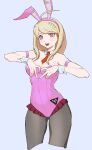  ahoge akamatsu_kaede animal_ears blonde_hair breasts cleavage danganronpa_(series) danganronpa_v3:_killing_harmony fishnet_legwear fishnets hair_ornament highres long_hair looking_at_viewer musical_note_hair_ornament necktie open_mouth pink_eyes playboy_bunny qosic rabbit_ears smile wrist_cuffs 