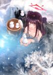  1girl basket bathing blue_archive closed_eyes completely_nude demon_horns fuuka_(blue_archive) halo highres horns icicle myria_(7855) nude onsen open_mouth pool smile snow snowflakes solo twintails wet wet_hair 
