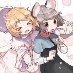  &gt;_&lt; 2girls absurdres animal_ears black_dress blonde_hair blue_capelet blush capelet cherry_blossoms dress eyebrows_visible_through_hair fairy grey_hair hair_between_eyes hat highres kashiwa_kona lily_white long_sleeves mouse_ears multiple_girls nazrin open_mouth petals red_eyes short_hair smile touhou white_capelet white_dress white_headwear 