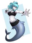  2022 5_fingers absurd_res black_bottomwear black_clothing black_topwear blue_hair bottomwear breasts clothing female fingers fish fist hair hi_res marine pgm300 semi-anthro shark simple_background solo topwear white_background wristband 