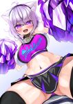  1girl :d ahoge animal_ears cat_ears cheerleader collar eyebrows_visible_through_hair fang foreshortening girl_on_top hairband highres hololive kajimakoto midriff navel nekomata_okayu pom_pom_(cheerleading) purple_eyes purple_hair simple_background smile solo_focus thick_thighs thighhighs thighs virtual_youtuber zettai_ryouiki 