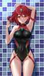  1girl arm_up armpits bangs black_swimsuit blush breasts cameltoe chest_jewel competition_swimsuit covered_collarbone covered_navel covered_nipples cowboy_shot eyebrows_visible_through_hair gem highleg highres large_breasts looking_at_viewer matrix16 one-piece_swimsuit pyra_(pro_swimmer)_(xenoblade) pyra_(xenoblade) red_eyes red_hair red_swimsuit ribbed_swimsuit short_hair smile solo standing strapless strapless_swimsuit swept_bangs swimsuit tiara two-tone_swimsuit xenoblade_chronicles_(series) xenoblade_chronicles_2 