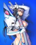  1girl aaron_bissessar black_hair blue_eyes boots breasts epaulettes gloves highres junketsu kamui_(kill_la_kill) kill_la_kill kiryuuin_satsuki large_breasts long_hair looking_at_viewer revealing_clothes simple_background solo suspenders sword thick_eyebrows thighhighs weapon 