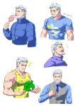  1boy animal_crossing artist_name bara beard blue_jacket blue_shirt blush candy closed_eyes closed_mouth collared_shirt evinist facial_hair food grey_vest holding holding_candy holding_food holding_lollipop jacket large_pectorals leaf lollipop male_focus multiple_views muscular muscular_male necktie open_mouth pectorals personification rolf_(animal_crossing) shirt short_hair smile tank_top tongue tongue_out vest white_hair yellow_tank_top 