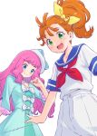  2girls :d blue_eyes closed_mouth green_eyes hair_ribbon highres kazuma_muramasa laura_la_mer long_hair looking_at_viewer multiple_girls natsuumi_manatsu open_mouth orange_eyes orange_hair pink_hair precure ribbon short_hair side_ponytail simple_background smile tropical-rouge!_precure white_background yellow_ribbon 