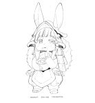 ambiguous_gender anthro clothing eating eating_food english_text food headgear headwear hi_res horizontal_pupils lagomorph leporid made_in_abyss mammal monochrome mouth_full nachos nanachi narehate open_mouth pupils simple_background solo standing talez01 text whiskers white_background 