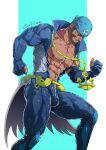  1boy abs anchor_necklace archie_(pokemon) artist_name bandana bara bare_pectorals beard blue_bandana blue_bodysuit bodysuit bulge dark-skinned_male dark_skin evinist facial_hair highres jewelry large_pectorals male_focus multicolored_bodysuit multicolored_clothes muscular muscular_male navel necklace nipples open_bodysuit pectorals pokemon pokemon_(game) pokemon_masters_ex pokemon_oras pokemon_rse smile solo wetsuit white_bodysuit 