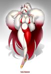  absurd_res ailurid anthro big_breasts breasts demon female fluffy fluffy_tail gem hi_res jewelry mammal necklace pearl_(gem) pearl_necklace pinup pose red red_panda skimpy_dress solo tailtrance text url 