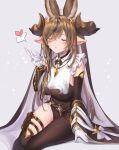  1girl absurdres animal_ears asymmetrical_legwear bangs blowing_kiss blue_hair blush breasts brown_hair closed_eyes detached_sleeves dress galleon_(granblue_fantasy) gloves granblue_fantasy hand_up heart highres holster horns large_breasts long_hair multicolored_hair open_mouth pointy_ears pouch single_leg_pantyhose single_thighhigh sitting sleeveless sleeveless_dress solo spoken_heart streaked_hair thigh_holster thighhighs uneven_legwear white_gloves yuntae 