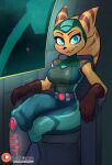  angela_cross anthro breasts chair clank_(ratchet_and_clank) clothing female furniture gloves green_eyes handwear hi_res insomniac_games jamoart lombax looking_at_viewer machine mammal on_chair ratchet_and_clank robot sitting sitting_on_chair smile solo sony_corporation sony_interactive_entertainment space stripes video_games 