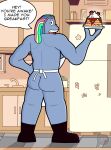  2022 alien alien_humanoid apron bismuth_(steven_universe) butt cartoon_network clothed clothing detailed_background dialogue digital_drawing_(artwork) digital_media_(artwork) english_text female food gem_(species) hair hi_res holding_food holding_object humanoid lewdware looking_at_viewer shaded signature solo speech_bubble steven_universe text video_in_description 