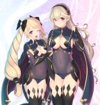  2girls ;d absurdres black_bow black_hairband black_legwear blonde_hair blue_cape bow breasts cape cleavage closed_mouth corrin_(fire_emblem) corrin_(fire_emblem)_(female) curly_hair elise_(fire_emblem) fire_emblem fire_emblem_fates floating_hair grey_hair hair_bow hairband highres kashiwamochi_yomogi leotard long_hair multicolored_hair multiple_girls one_eye_closed open_mouth pointy_ears purple_eyes purple_hair red_eyes revealing_clothes shiny shiny_hair sideboob small_breasts smile thighhighs twitter_username two-tone_hair very_long_hair 
