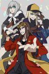  1boy 2girls ahoge baseball_cap blonde_hair brown_gloves brown_hair cloak coat confetti electric_guitar fate/grand_order fate_(series) fur_trim gloves gray_(fate) grey_hair guitar hat highres instrument long_hair lord_el-melloi_ii lord_el-melloi_ii_case_files microphone multiple_girls nonone_(the9thxsheep) reines_el-melloi_archisorte scarf shutter_shades waver_velvet 