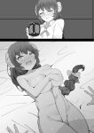  1girl beer_mug blush braid breasts covering covering_breasts covering_crotch cup drunk fate/grand_order fate_(series) greyscale highres large_breasts long_hair lying mary_anning_(fate) monochrome mug nude on_back on_bed pov shell_hair_ornament sweat tearing_up textless wakamochi-ta 