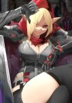  1girl absurdres arm_up black_legwear blonde_hair blurry blurry_background breasts bustier cleavage ear_piercing executive_red_hood_arabelle eyebrows_visible_through_hair eyes_visible_through_hair grin guardian_tales highres large_breasts mechanical_arms medium_hair mk87 piercing pointy_ears red_eyes red_hood sitting smile solo thumbs_down 
