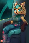  angela_cross anthro breasts chair clank_(ratchet_and_clank) clothing female furniture gloves green_eyes handwear hi_res insomniac_games jamoart lombax looking_at_viewer machine mammal on_chair ratchet_and_clank robot sitting sitting_on_chair smile solo sony_corporation sony_interactive_entertainment space stripes video_games 