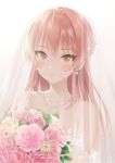  1girl bangs bouquet bridal_veil closed_mouth collarbone earrings eyebrows_visible_through_hair flower hair_between_eyes highres holding holding_bouquet idolmaster idolmaster_cinderella_girls jewelry jougasaki_mika long_hair looking_at_viewer necklace pink_flower pink_hair pink_rose q-v_(levia) rose shiny shiny_hair simple_background smile snowflake_earrings solo upper_body veil white_background yellow_eyes 