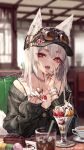  animal_ear_fluff animal_ears breasts cake cake_slice chain_necklace cherry cleavage cup duplicate eating eyewear_on_head food fruit hat highres ice_cream jewelry open_mouth original pixel-perfect_duplicate ring spoon sundae suzuno_(bookshelf) teacup tongue tongue_out watch 