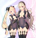  2girls ;d absurdres black_bow black_hairband black_legwear blonde_hair bow breasts cleavage closed_mouth corrin_(fire_emblem) corrin_(fire_emblem)_(female) curly_hair elise_(fire_emblem) fire_emblem fire_emblem_fates floating_hair grey_hair hair_bow hairband highres kashiwamochi_yomogi leotard long_hair multicolored_hair multiple_girls one_eye_closed open_mouth pointy_ears purple_eyes purple_hair red_eyes revealing_clothes shiny shiny_hair sideboob small_breasts smile thighhighs twitter_username two-tone_hair very_long_hair 