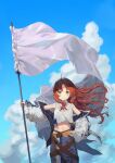  1girl absurdres ahoge arknights bangs bare_shoulders blue_sky closed_mouth cloud collarbone commentary_request cowboy_shot crop_top day detached_collar english_commentary flag hand_on_hip hand_up highres holding holding_flag jacket long_hair long_sleeves looking_at_viewer messy_hair midriff myrtle_(arknights) navel off_shoulder open_clothes open_jacket pants pointy_ears revision shirt sidelocks sky smile solo standing uh9 white_shirt wide_sleeves 