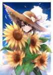  1girl absurdres bangs black_hair blue_sky cloud cloudy_sky dress flower green_eyes hat highres holding holding_flower hololive looking_at_viewer mashiro_io oozora_subaru open_mouth outdoors short_hair sky solo straw_hat sundress sunflower virtual_youtuber white_dress 