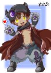  1boy bangs blue_background brown_hair cape commentary_request cyborg dark_skin facial_mark fantasy full_body hair_between_eyes heart helmet highres made_in_abyss mechanical_arms mekabu115561 navel open_mouth simple_background speech_bubble yellow_eyes 