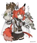  1girl animal_ears animal_on_arm animalization arknights ashlock_(arknights) bird bird_on_arm black_legwear black_skirt brown_eyes cowboy_shot cropped_legs ear_covers eating fartooth_(arknights) flametail_(arknights) flower gauntlets highres mechanical_owl notice_lines oripathy_lesion_(arknights) pleated_skirt red_hair shirt short_hair_with_long_locks simple_background skirt squirrel squirrel_ears squirrel_girl squirrel_tail sweatdrop tail thighhighs twitter_username unicorn white_background white_flower white_shirt wild_mane_(arknights) zettai_ryouiki 