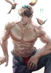  1boy abs bara bird closed_mouth commentary egg highres large_pectorals male_focus mature_male muscular muscular_male navel nipples original pectorals reisei_zero solo stomach topless_male 