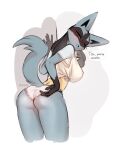  anthro blue_body blue_fur breasts butt canid chest_spike clothing dialogue female fur hi_res leaning leaning_forward lucario mammal narrowed_eyes nintendo panties pok&eacute;mon pok&eacute;mon_(species) rear_view red_eyes shirt simple_background solo spikes spikes_(anatomy) spuydjeks tied_shirt topwear underwear video_games white_background yellow_body yellow_fur 