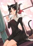  1girl animal_ears bangs black_dress black_hair black_hairband black_legwear blush cat_ears cat_tail commentary_request curtains day desk dress eyebrows_visible_through_hair fake_animal_ears folded_ponytail hair_ribbon hairband hand_up highres indoors kaguya-sama_wa_kokurasetai_~tensai-tachi_no_renai_zunousen~ long_sleeves looking_at_viewer neck_ribbon on_desk parted_bangs parted_lips red_eyes red_ribbon ribbon school_uniform shinomiya_kaguya shoes sitting socks solo tail ten-chan_(eternal_s) wariza white_footwear window 